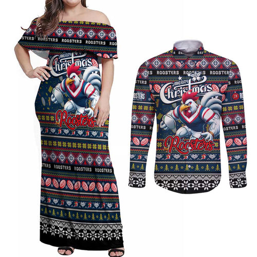 Personalized Roosters Rugby Xmas Couples Matching Off Shoulder Maxi Dress and Long Sleeve Button Shirt Australia NRL Mascot