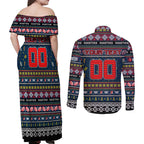 Personalized Roosters Rugby Xmas Couples Matching Off Shoulder Maxi Dress and Long Sleeve Button Shirt Australia NRL Mascot