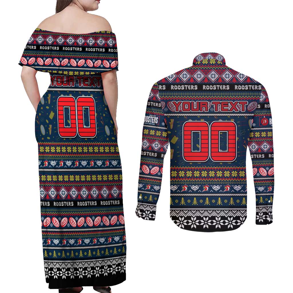 Personalized Roosters Rugby Xmas Couples Matching Off Shoulder Maxi Dress and Long Sleeve Button Shirt Australia NRL Mascot