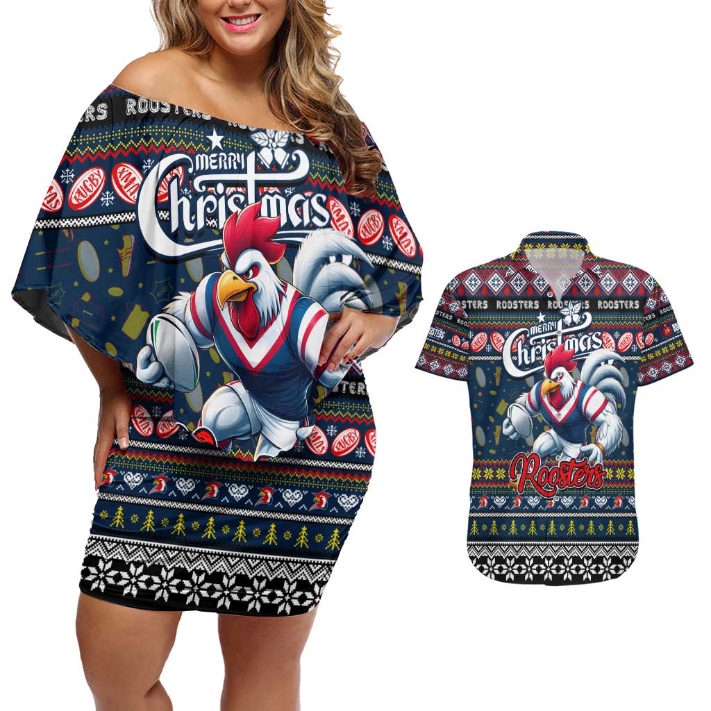Personalized Roosters Rugby Xmas Couples Matching Off Shoulder Short Dress and Hawaiian Shirt Australia NRL Mascot