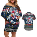 Personalized Roosters Rugby Xmas Couples Matching Off Shoulder Short Dress and Hawaiian Shirt Australia NRL Mascot