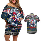 Personalized Roosters Rugby Xmas Couples Matching Off Shoulder Short Dress and Hawaiian Shirt Australia NRL Mascot