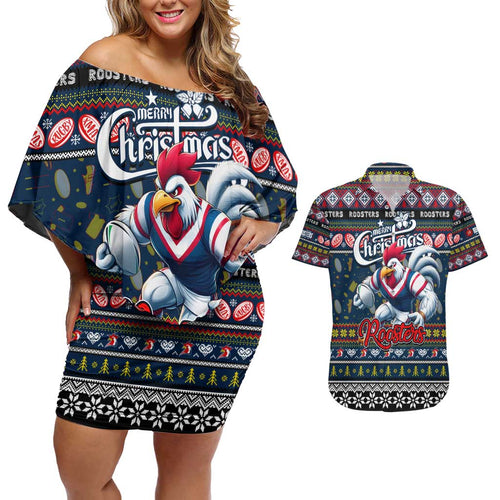 Personalized Roosters Rugby Xmas Couples Matching Off Shoulder Short Dress and Hawaiian Shirt Australia NRL Mascot