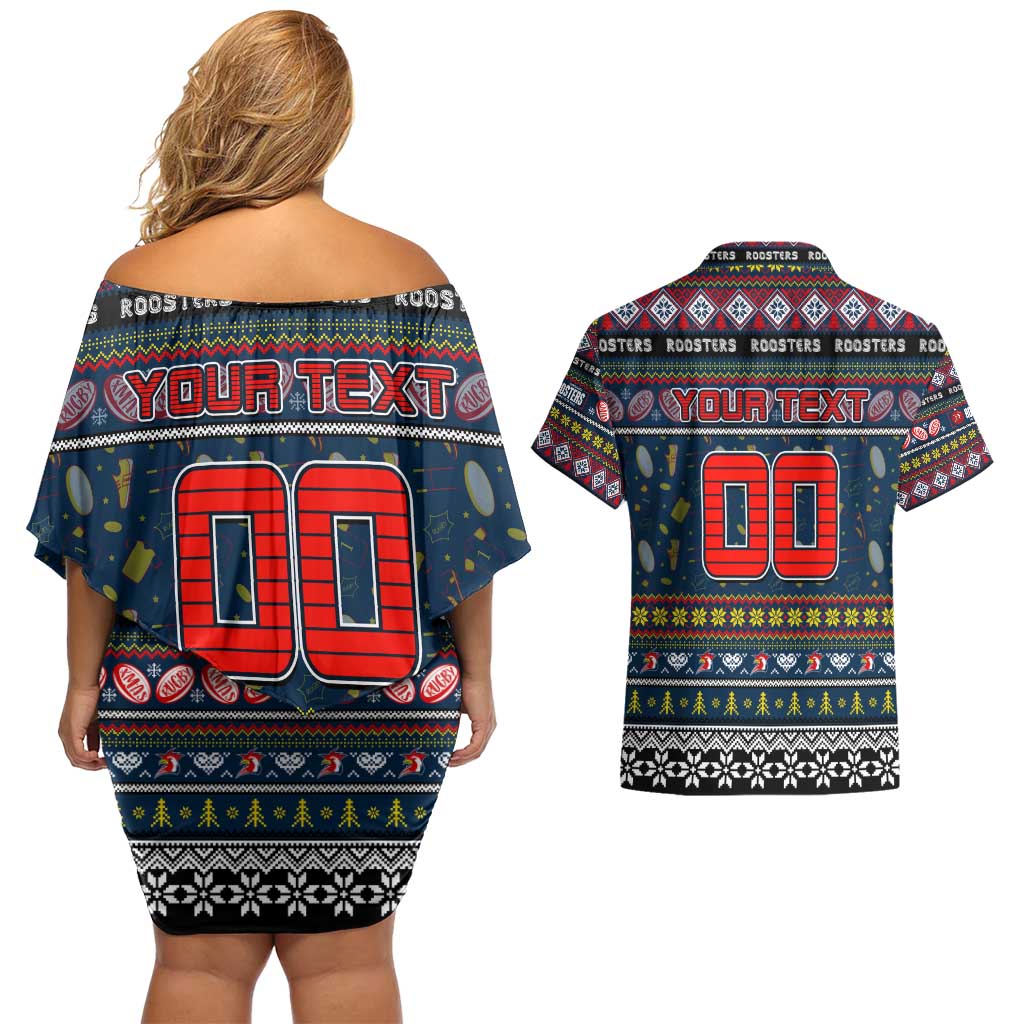 Personalized Roosters Rugby Xmas Couples Matching Off Shoulder Short Dress and Hawaiian Shirt Australia NRL Mascot