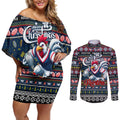 Personalized Roosters Rugby Xmas Couples Matching Off Shoulder Short Dress and Long Sleeve Button Shirt Australia NRL Mascot