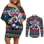 Personalized Roosters Rugby Xmas Couples Matching Off Shoulder Short Dress and Long Sleeve Button Shirt Australia NRL Mascot