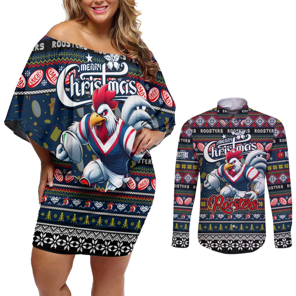 Personalized Roosters Rugby Xmas Couples Matching Off Shoulder Short Dress and Long Sleeve Button Shirt Australia NRL Mascot