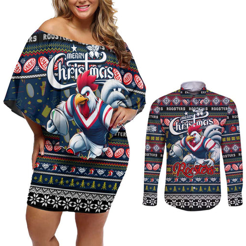 Personalized Roosters Rugby Xmas Couples Matching Off Shoulder Short Dress and Long Sleeve Button Shirt Australia NRL Mascot