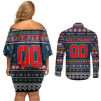 Personalized Roosters Rugby Xmas Couples Matching Off Shoulder Short Dress and Long Sleeve Button Shirt Australia NRL Mascot