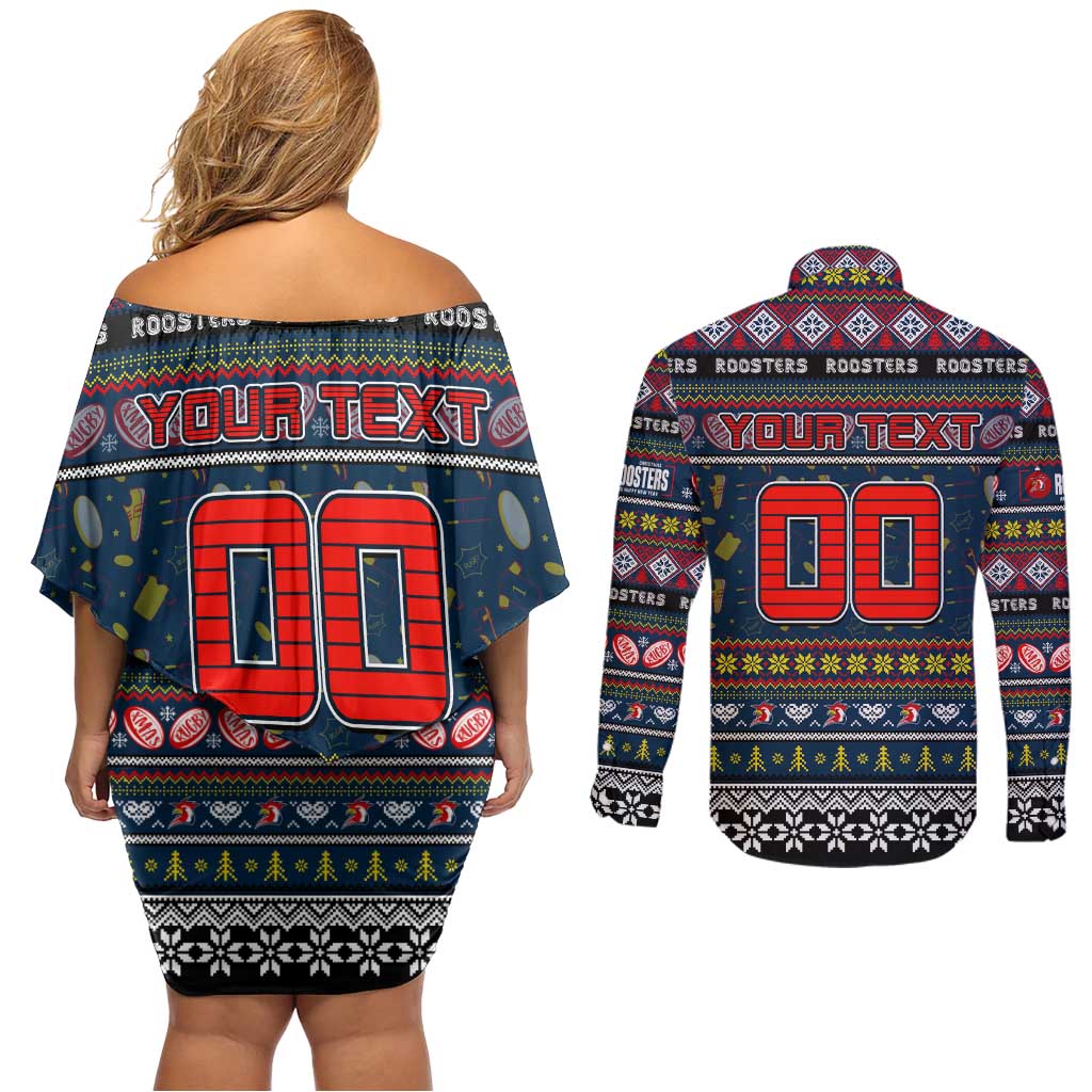 Personalized Roosters Rugby Xmas Couples Matching Off Shoulder Short Dress and Long Sleeve Button Shirt Australia NRL Mascot