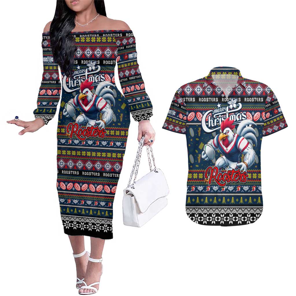 Personalized Roosters Rugby Xmas Couples Matching Off The Shoulder Long Sleeve Dress and Hawaiian Shirt Australia NRL Mascot