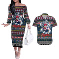 Personalized Roosters Rugby Xmas Couples Matching Off The Shoulder Long Sleeve Dress and Hawaiian Shirt Australia NRL Mascot