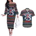Personalized Roosters Rugby Xmas Couples Matching Off The Shoulder Long Sleeve Dress and Hawaiian Shirt Australia NRL Mascot