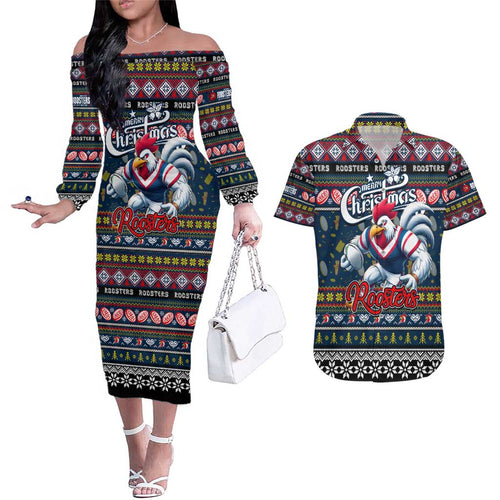 Personalized Roosters Rugby Xmas Couples Matching Off The Shoulder Long Sleeve Dress and Hawaiian Shirt Australia NRL Mascot