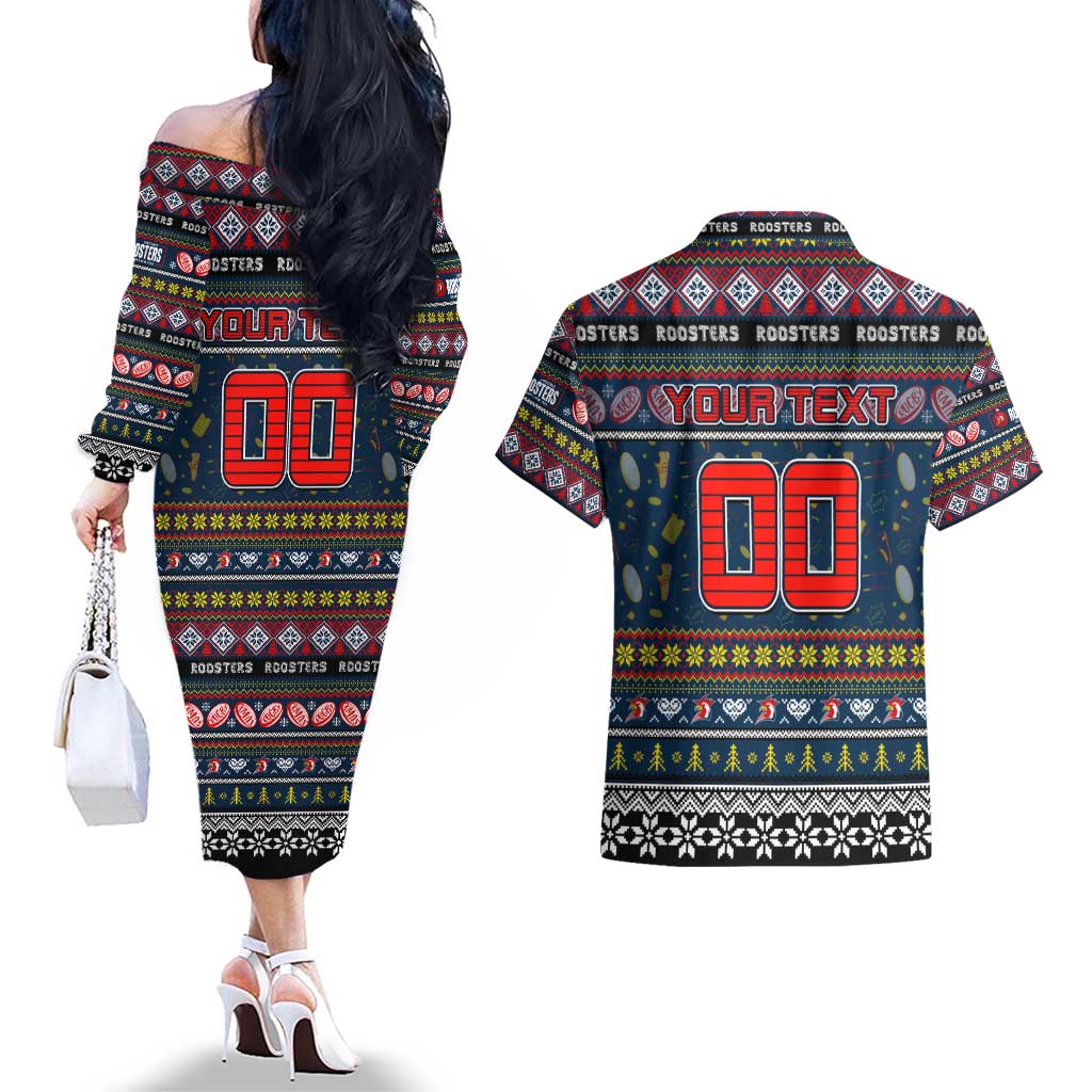 Personalized Roosters Rugby Xmas Couples Matching Off The Shoulder Long Sleeve Dress and Hawaiian Shirt Australia NRL Mascot