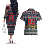 Personalized Roosters Rugby Xmas Couples Matching Off The Shoulder Long Sleeve Dress and Hawaiian Shirt Australia NRL Mascot