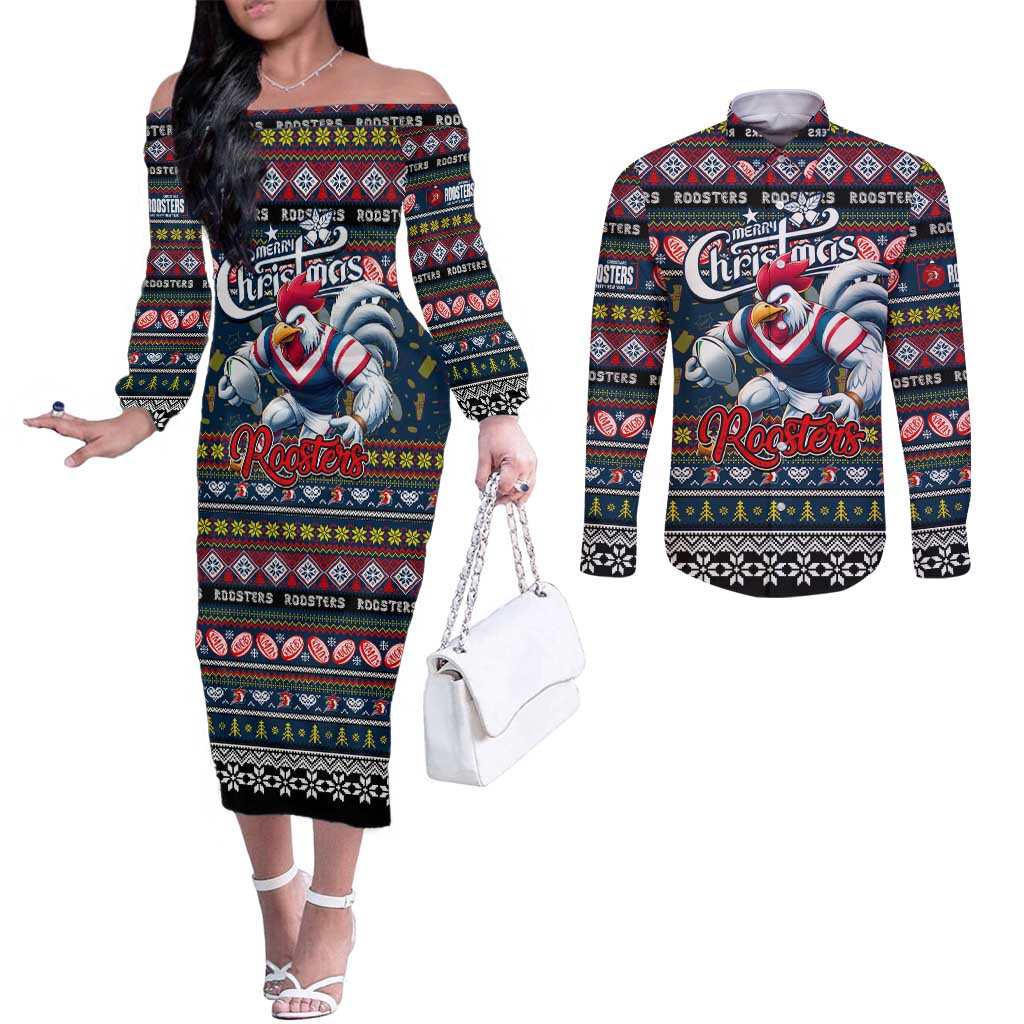 Personalized Roosters Rugby Xmas Couples Matching Off The Shoulder Long Sleeve Dress and Long Sleeve Button Shirt Australia NRL Mascot