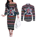 Personalized Roosters Rugby Xmas Couples Matching Off The Shoulder Long Sleeve Dress and Long Sleeve Button Shirt Australia NRL Mascot
