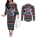 Personalized Roosters Rugby Xmas Couples Matching Off The Shoulder Long Sleeve Dress and Long Sleeve Button Shirt Australia NRL Mascot