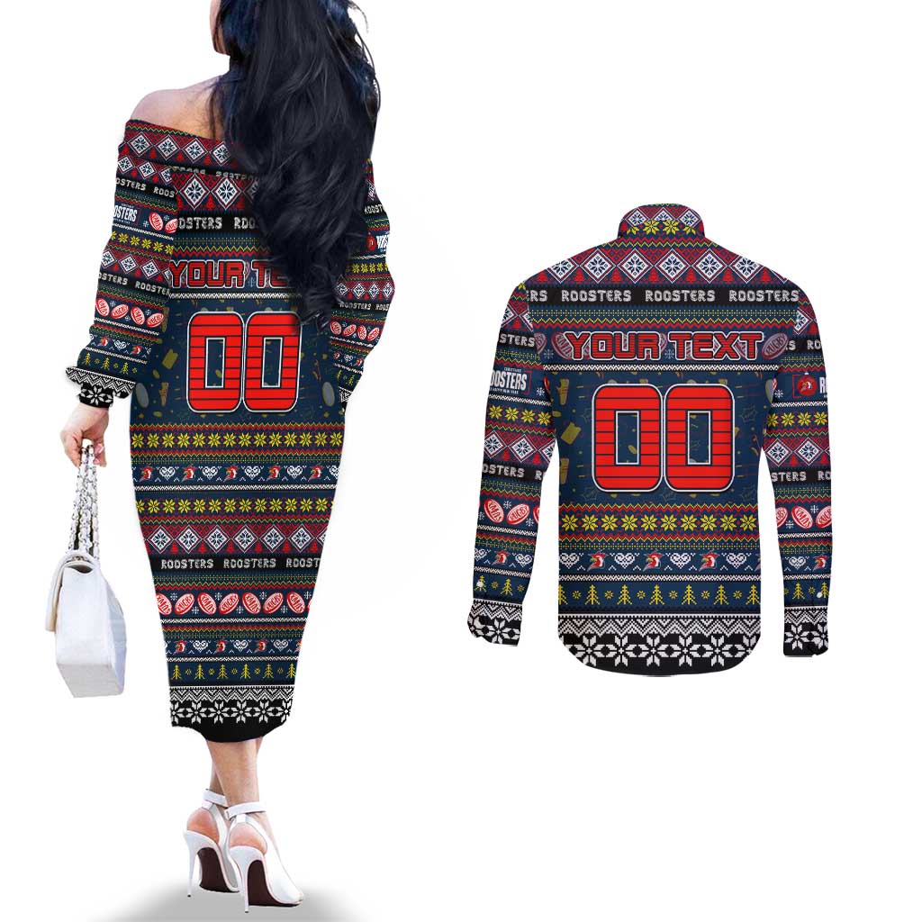 Personalized Roosters Rugby Xmas Couples Matching Off The Shoulder Long Sleeve Dress and Long Sleeve Button Shirt Australia NRL Mascot