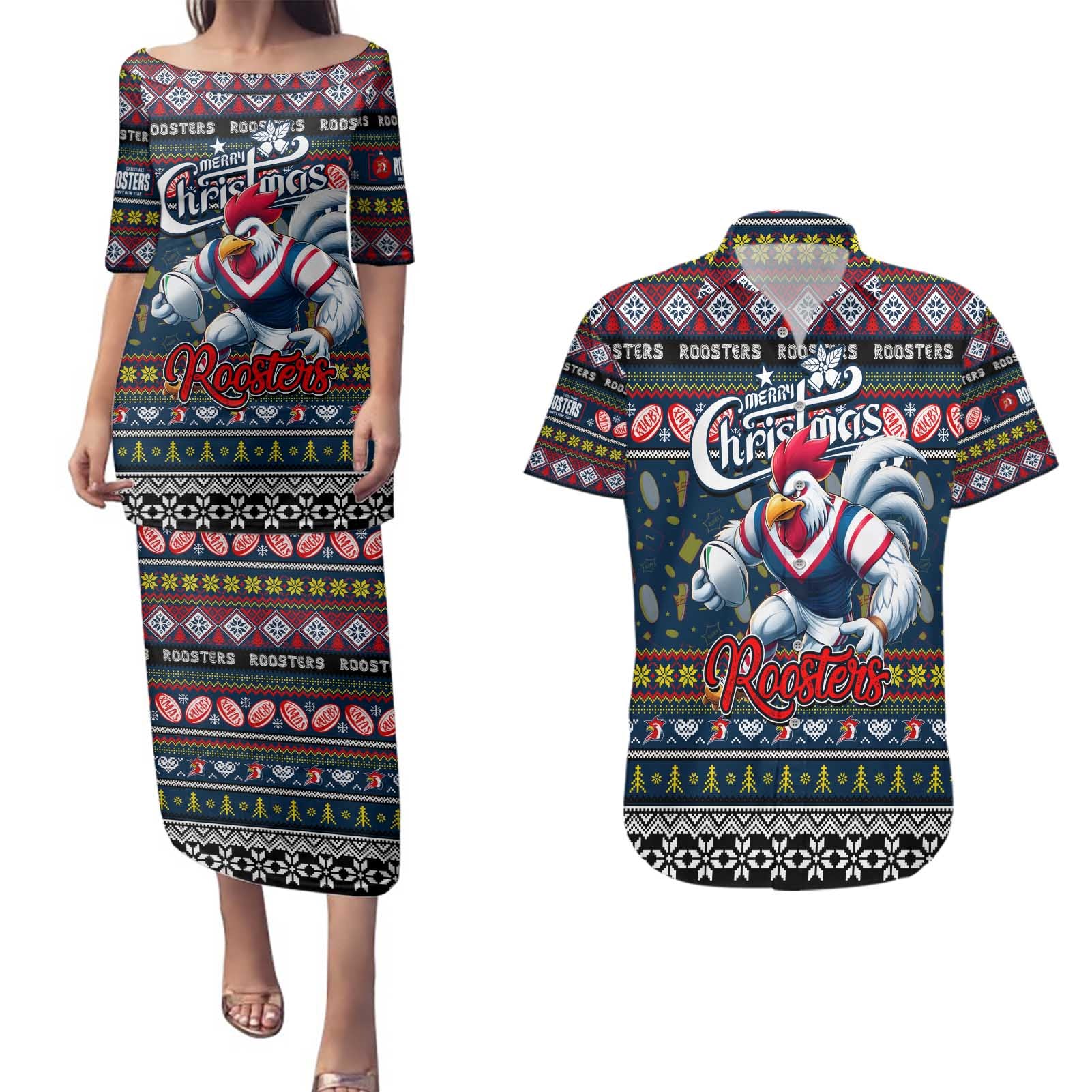 Personalized Roosters Rugby Xmas Couples Matching Puletasi and Hawaiian Shirt Australia NRL Mascot
