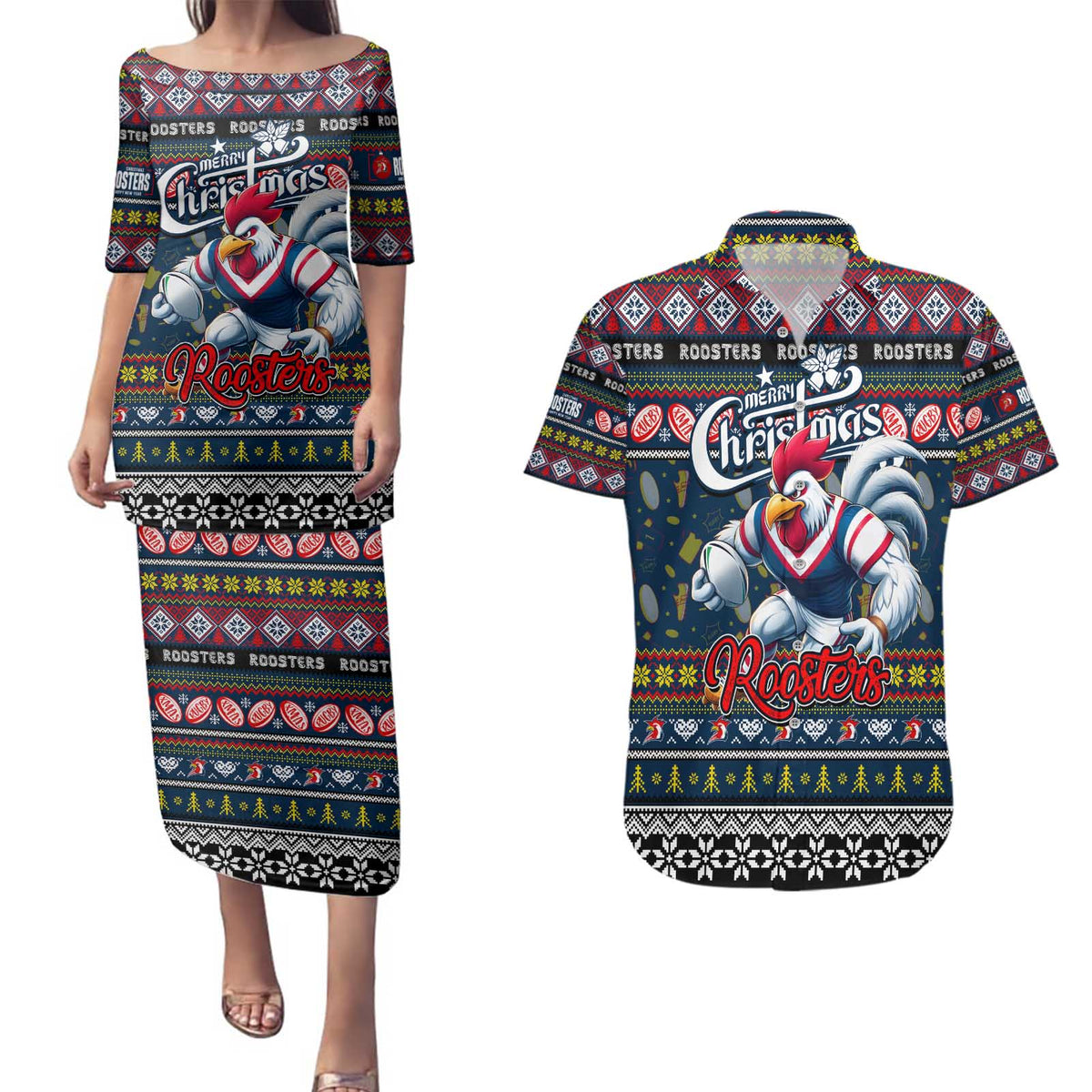 Personalized Roosters Rugby Xmas Couples Matching Puletasi and Hawaiian Shirt Australia NRL Mascot