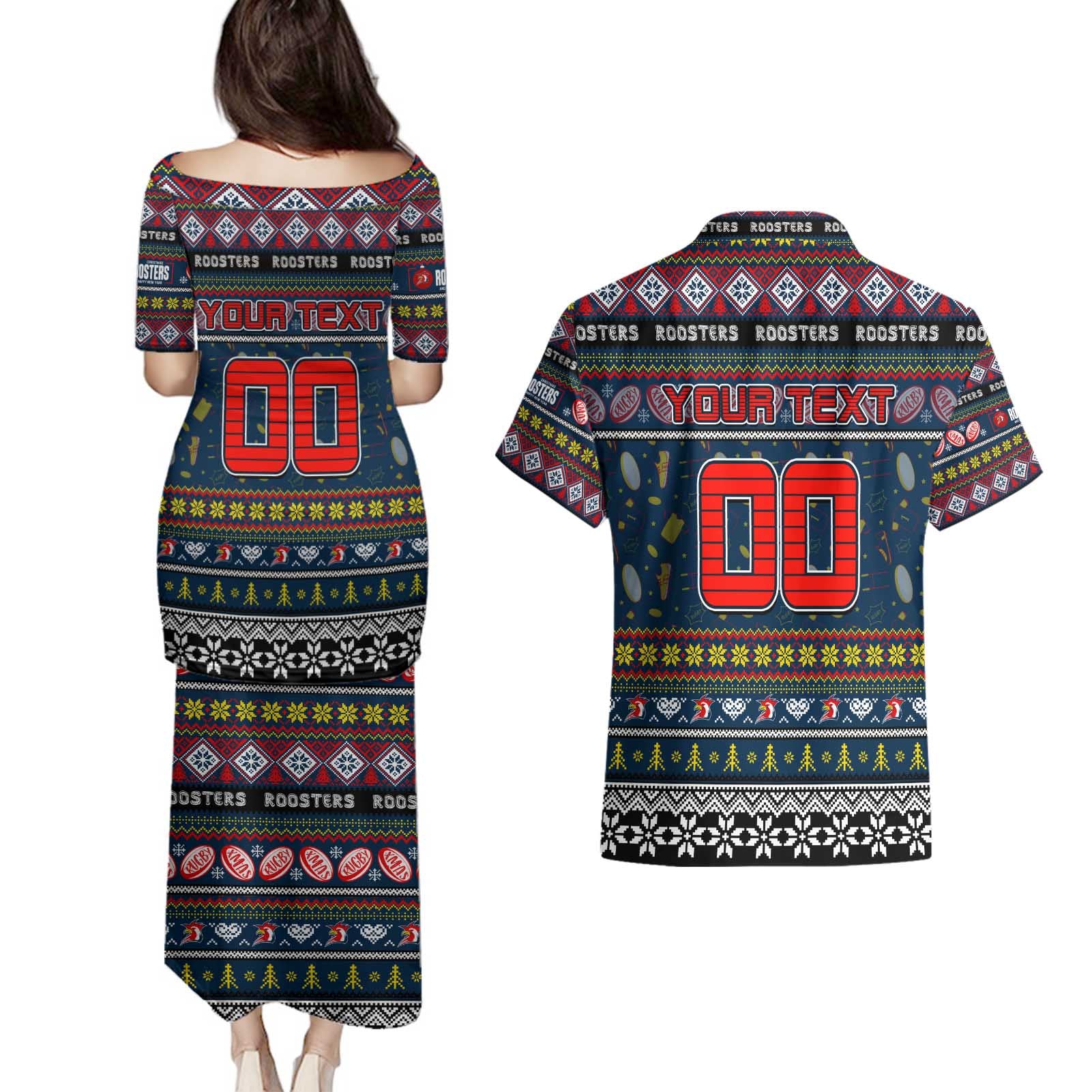 Personalized Roosters Rugby Xmas Couples Matching Puletasi and Hawaiian Shirt Australia NRL Mascot