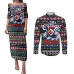 Personalized Roosters Rugby Xmas Couples Matching Puletasi and Long Sleeve Button Shirt Australia NRL Mascot
