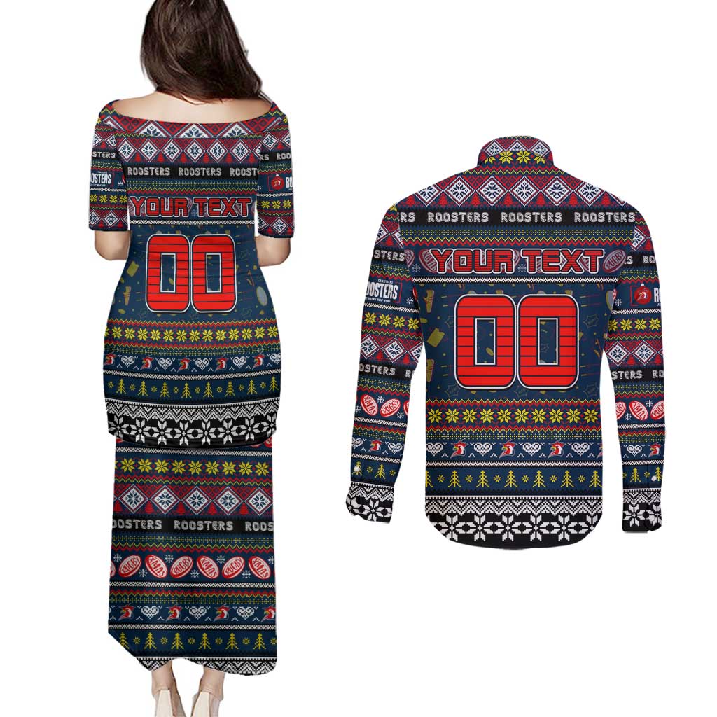 Personalized Roosters Rugby Xmas Couples Matching Puletasi and Long Sleeve Button Shirt Australia NRL Mascot