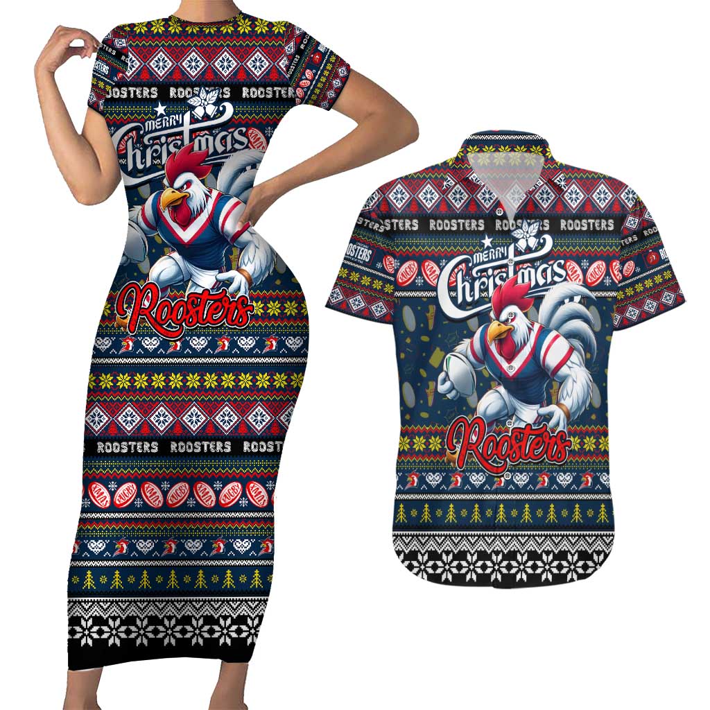 Personalized Roosters Rugby Xmas Couples Matching Short Sleeve Bodycon Dress and Hawaiian Shirt Australia NRL Mascot