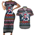 Personalized Roosters Rugby Xmas Couples Matching Short Sleeve Bodycon Dress and Hawaiian Shirt Australia NRL Mascot