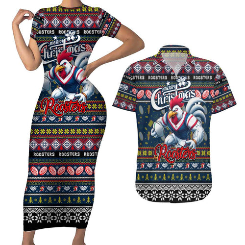 Personalized Roosters Rugby Xmas Couples Matching Short Sleeve Bodycon Dress and Hawaiian Shirt Australia NRL Mascot
