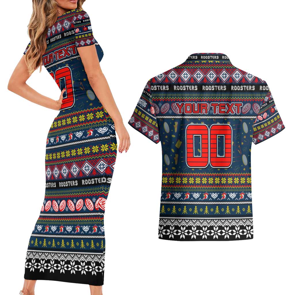 Personalized Roosters Rugby Xmas Couples Matching Short Sleeve Bodycon Dress and Hawaiian Shirt Australia NRL Mascot