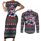 Personalized Roosters Rugby Xmas Couples Matching Short Sleeve Bodycon Dress and Long Sleeve Button Shirt Australia NRL Mascot