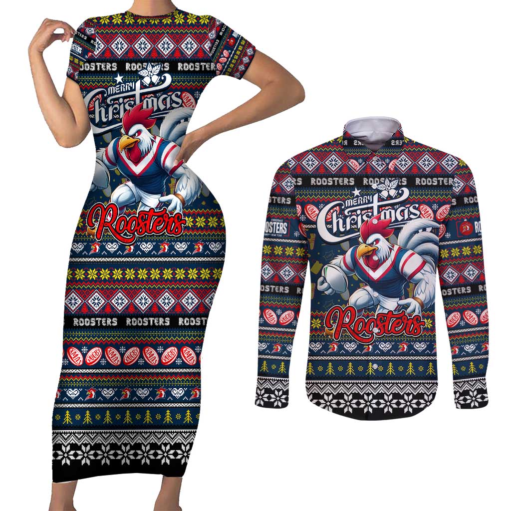 Personalized Roosters Rugby Xmas Couples Matching Short Sleeve Bodycon Dress and Long Sleeve Button Shirt Australia NRL Mascot