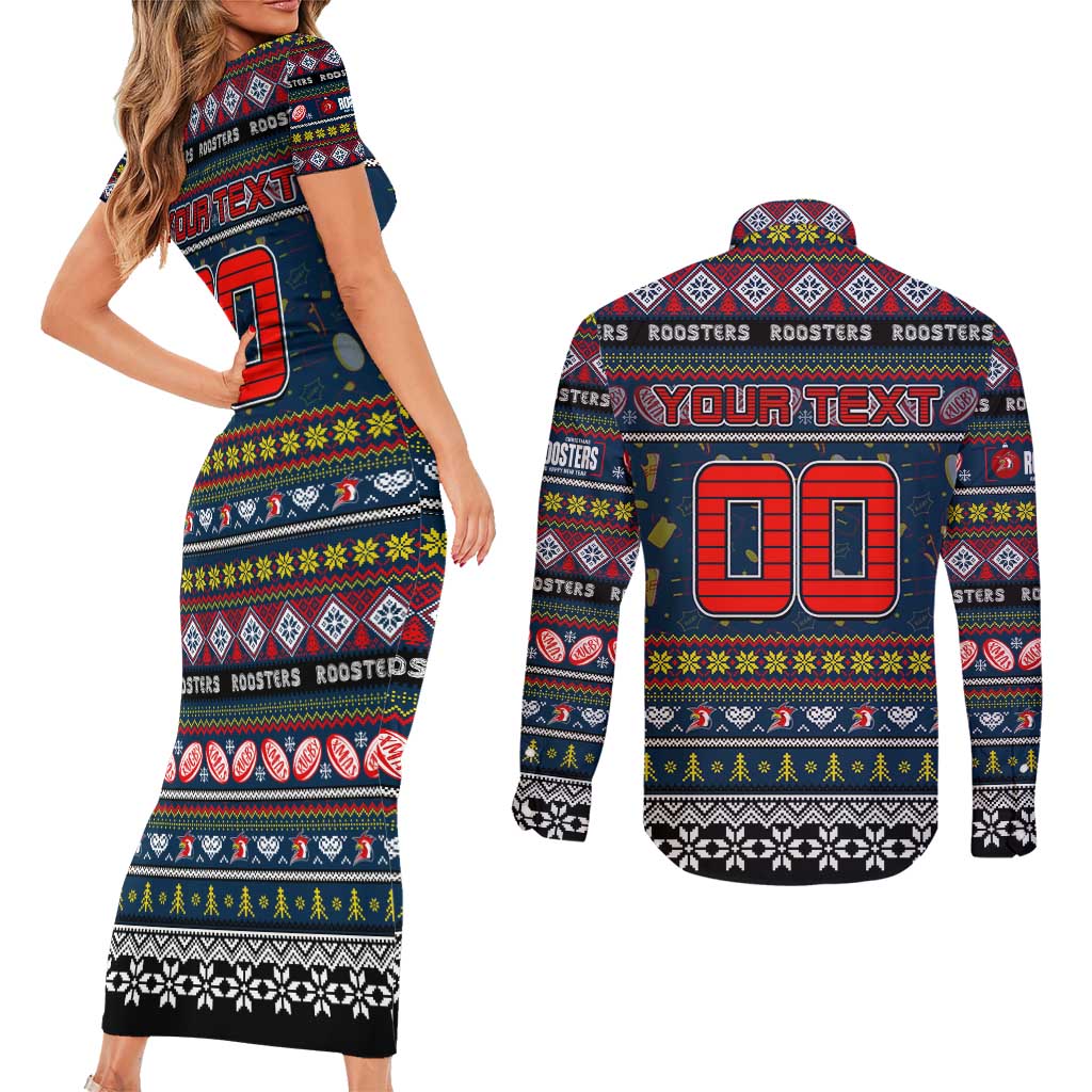 Personalized Roosters Rugby Xmas Couples Matching Short Sleeve Bodycon Dress and Long Sleeve Button Shirt Australia NRL Mascot