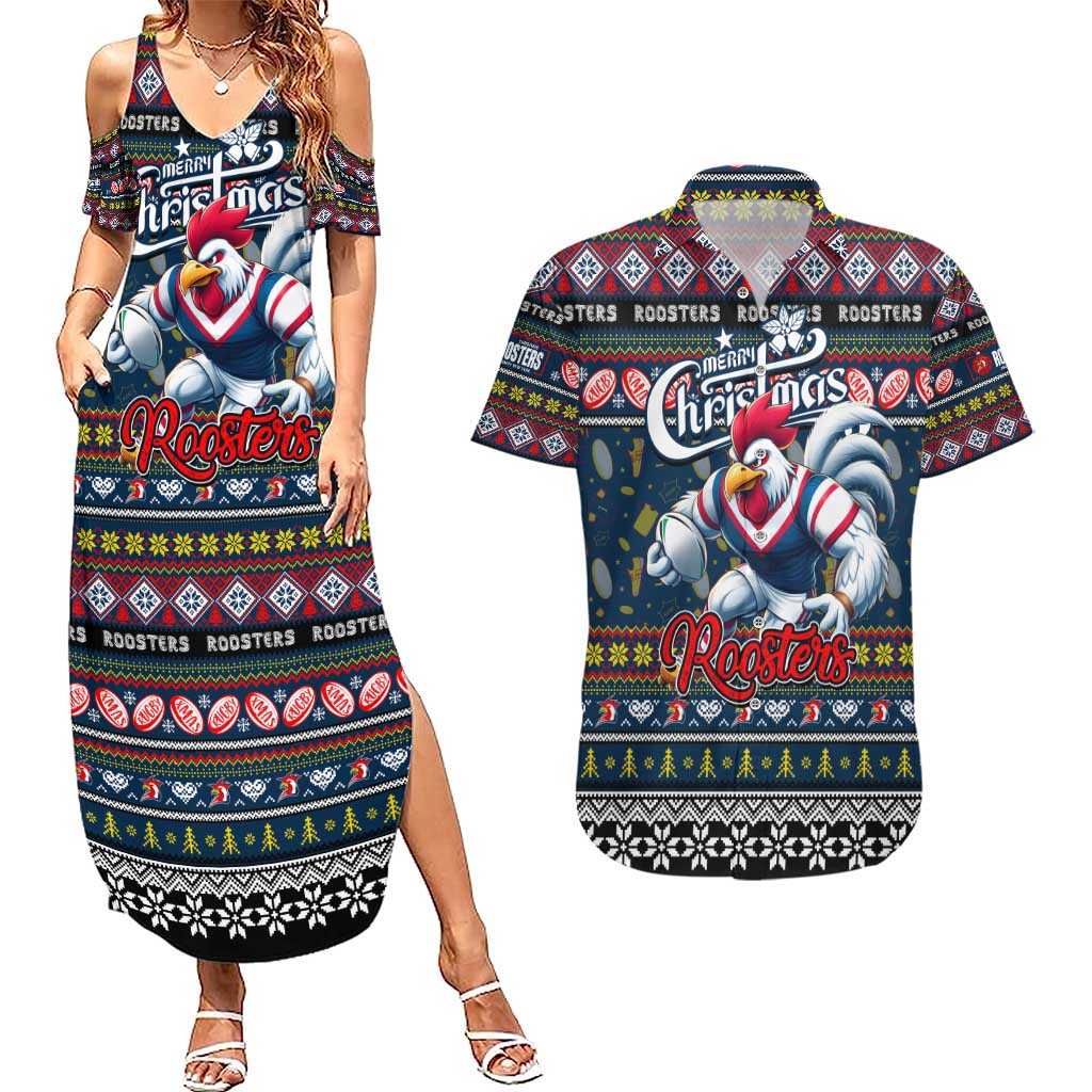 Personalized Roosters Rugby Xmas Couples Matching Summer Maxi Dress and Hawaiian Shirt Australia NRL Mascot