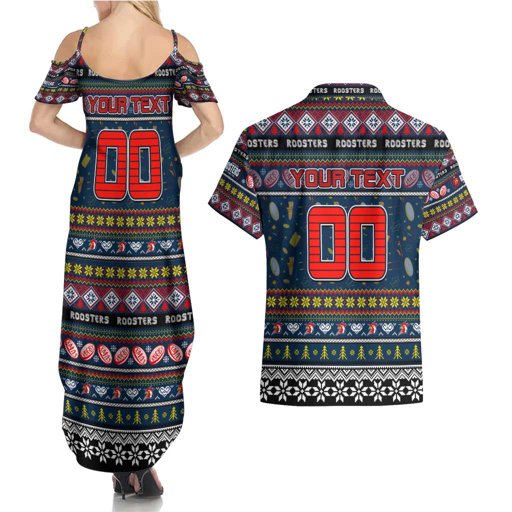 Personalized Roosters Rugby Xmas Couples Matching Summer Maxi Dress and Hawaiian Shirt Australia NRL Mascot