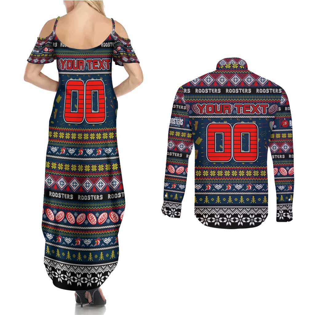 Personalized Roosters Rugby Xmas Couples Matching Summer Maxi Dress and Long Sleeve Button Shirt Australia NRL Mascot