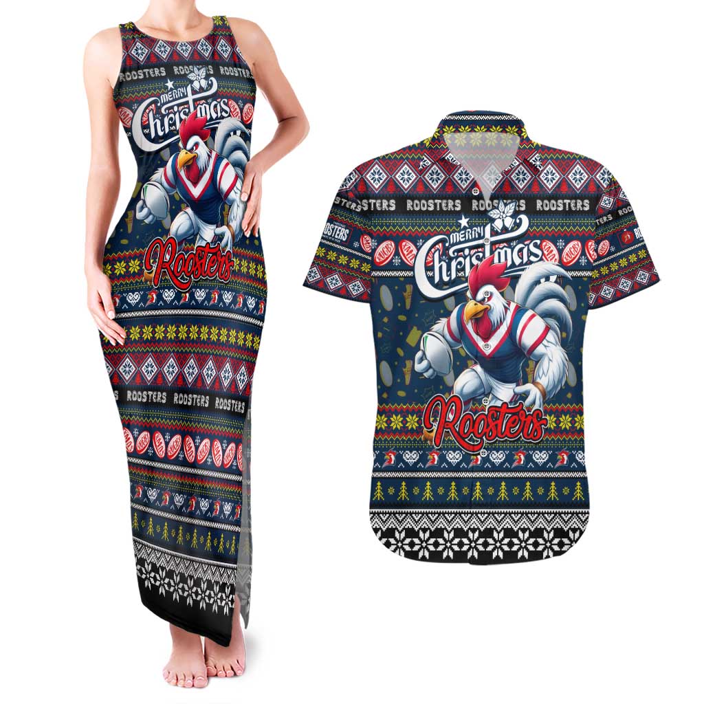 Personalized Roosters Rugby Xmas Couples Matching Tank Maxi Dress and Hawaiian Shirt Australia NRL Mascot