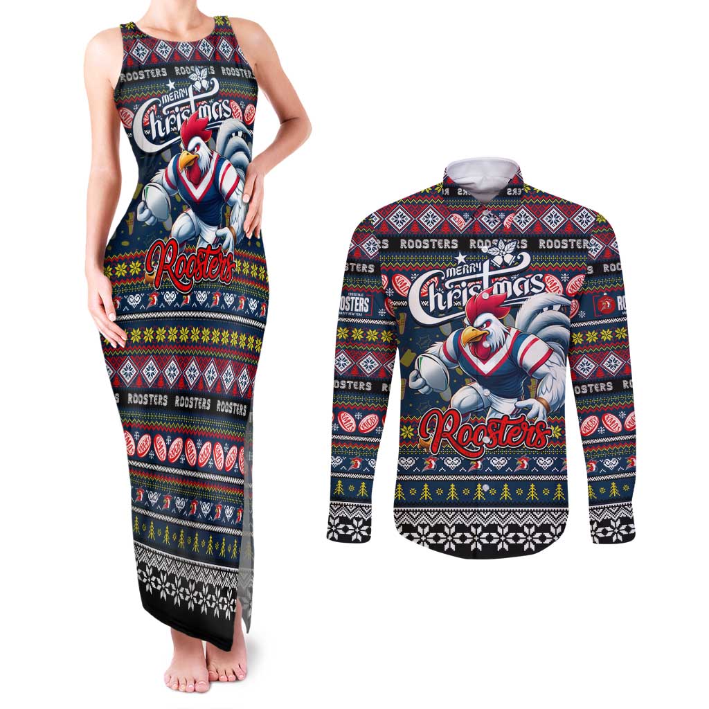 Personalized Roosters Rugby Xmas Couples Matching Tank Maxi Dress and Long Sleeve Button Shirt Australia NRL Mascot