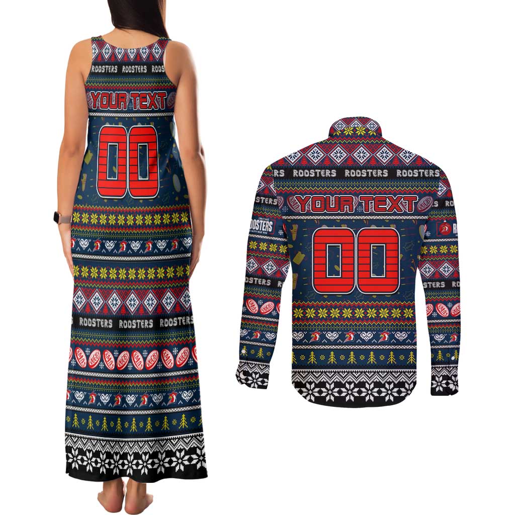 Personalized Roosters Rugby Xmas Couples Matching Tank Maxi Dress and Long Sleeve Button Shirt Australia NRL Mascot