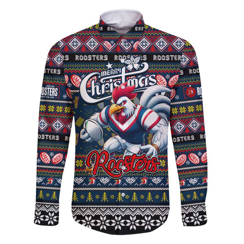Personalized Roosters Rugby Xmas Family Matching Long Sleeve Bodycon Dress and Hawaiian Shirt Australia NRL Mascot