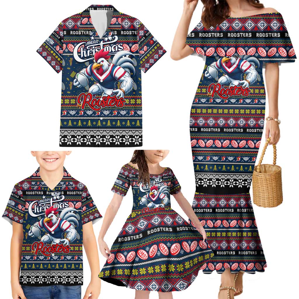Personalized Roosters Rugby Xmas Family Matching Mermaid Dress and Hawaiian Shirt Australia NRL Mascot