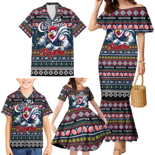 Personalized Roosters Rugby Xmas Family Matching Mermaid Dress and Hawaiian Shirt Australia NRL Mascot
