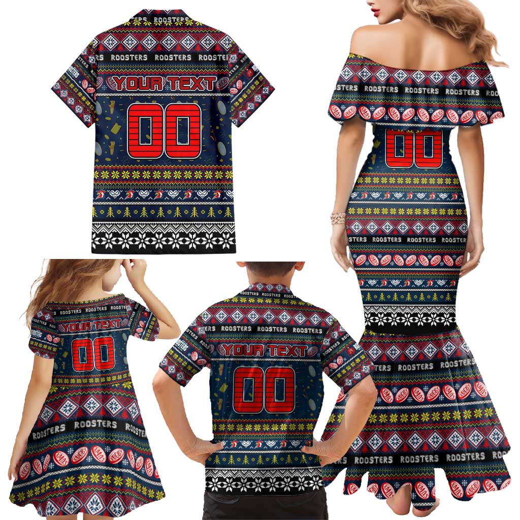 Personalized Roosters Rugby Xmas Family Matching Mermaid Dress and Hawaiian Shirt Australia NRL Mascot