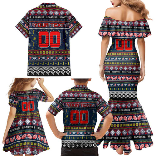 Personalized Roosters Rugby Xmas Family Matching Mermaid Dress and Hawaiian Shirt Australia NRL Mascot