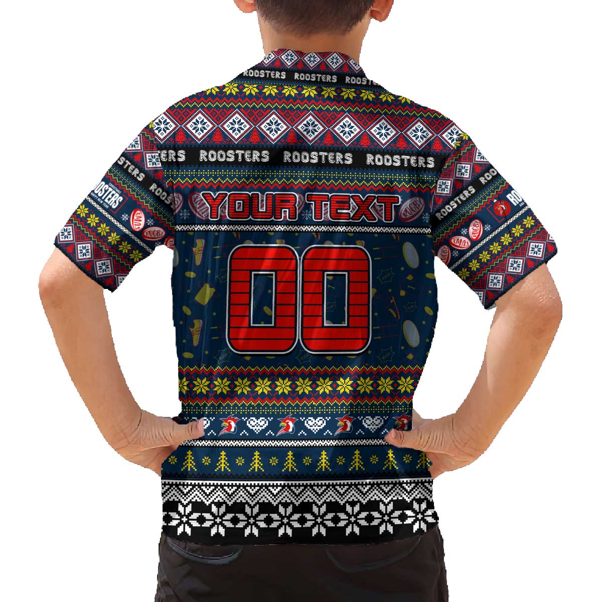 Personalized Roosters Rugby Xmas Family Matching Off The Shoulder Long Sleeve Dress and Hawaiian Shirt Australia NRL Mascot