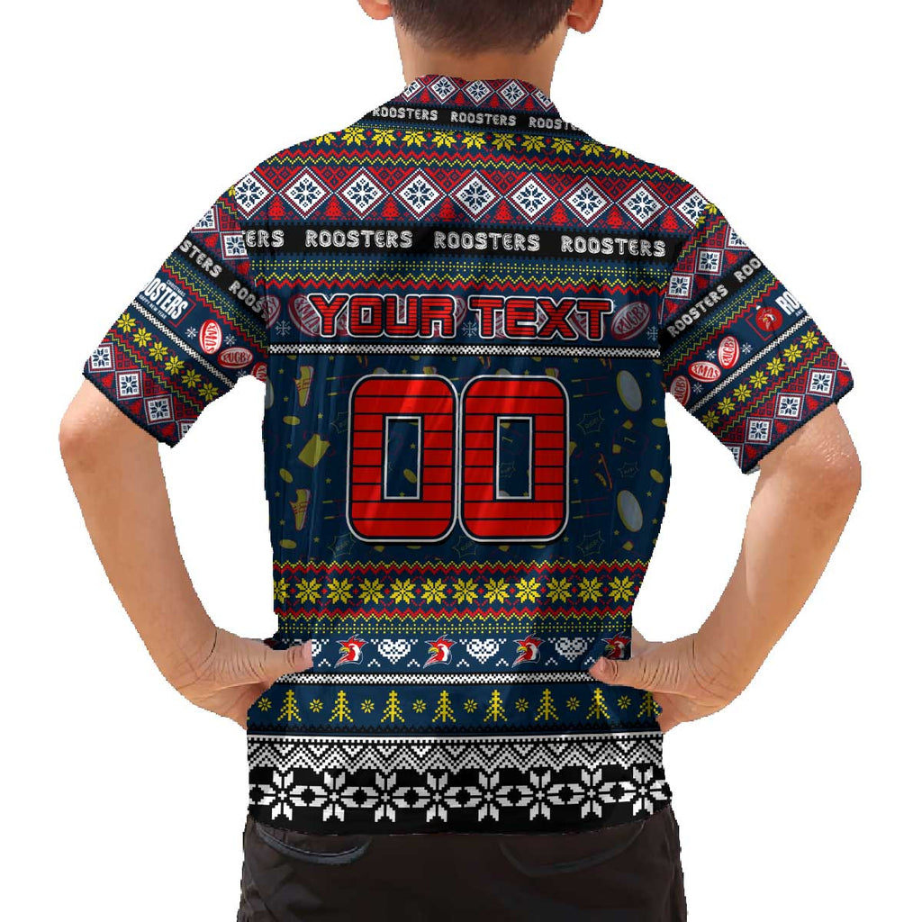 Personalized Roosters Rugby Xmas Family Matching Off The Shoulder Long Sleeve Dress and Hawaiian Shirt Australia NRL Mascot