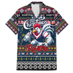 Personalized Roosters Rugby Xmas Family Matching Off The Shoulder Long Sleeve Dress and Hawaiian Shirt Australia NRL Mascot